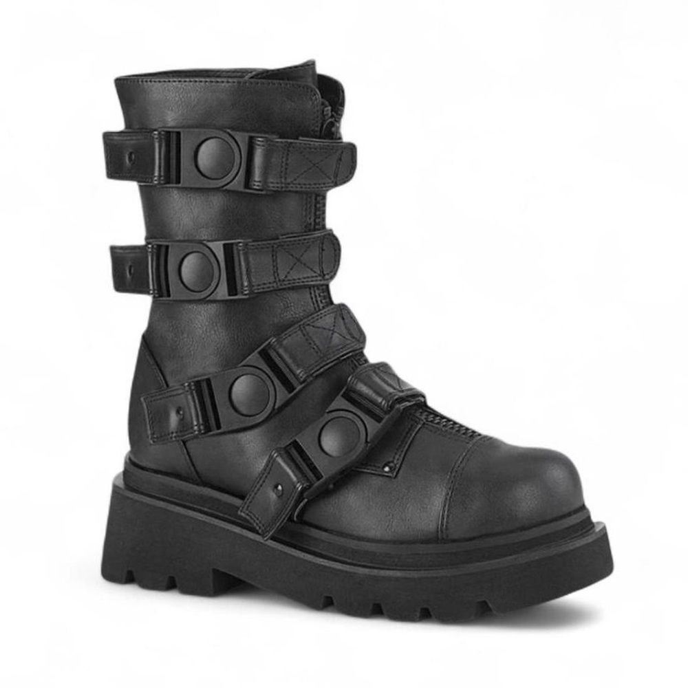 Edgy Black Demonia Renegade 55 buckle strap chunky boots